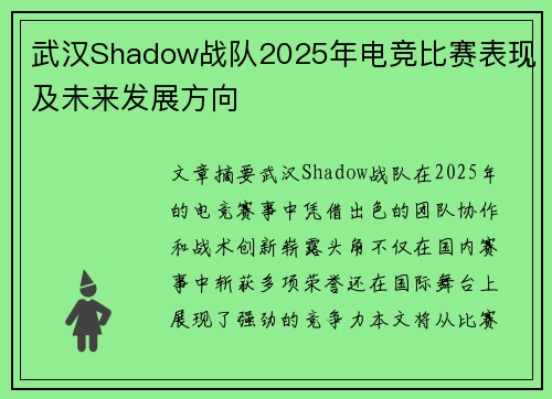 武汉Shadow战队2025年电竞比赛表现及未来发展方向