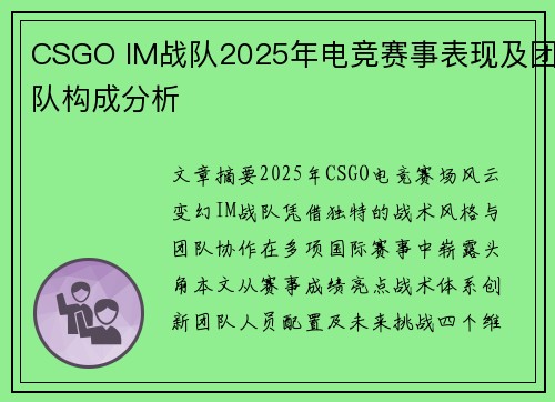 CSGO IM战队2025年电竞赛事表现及团队构成分析